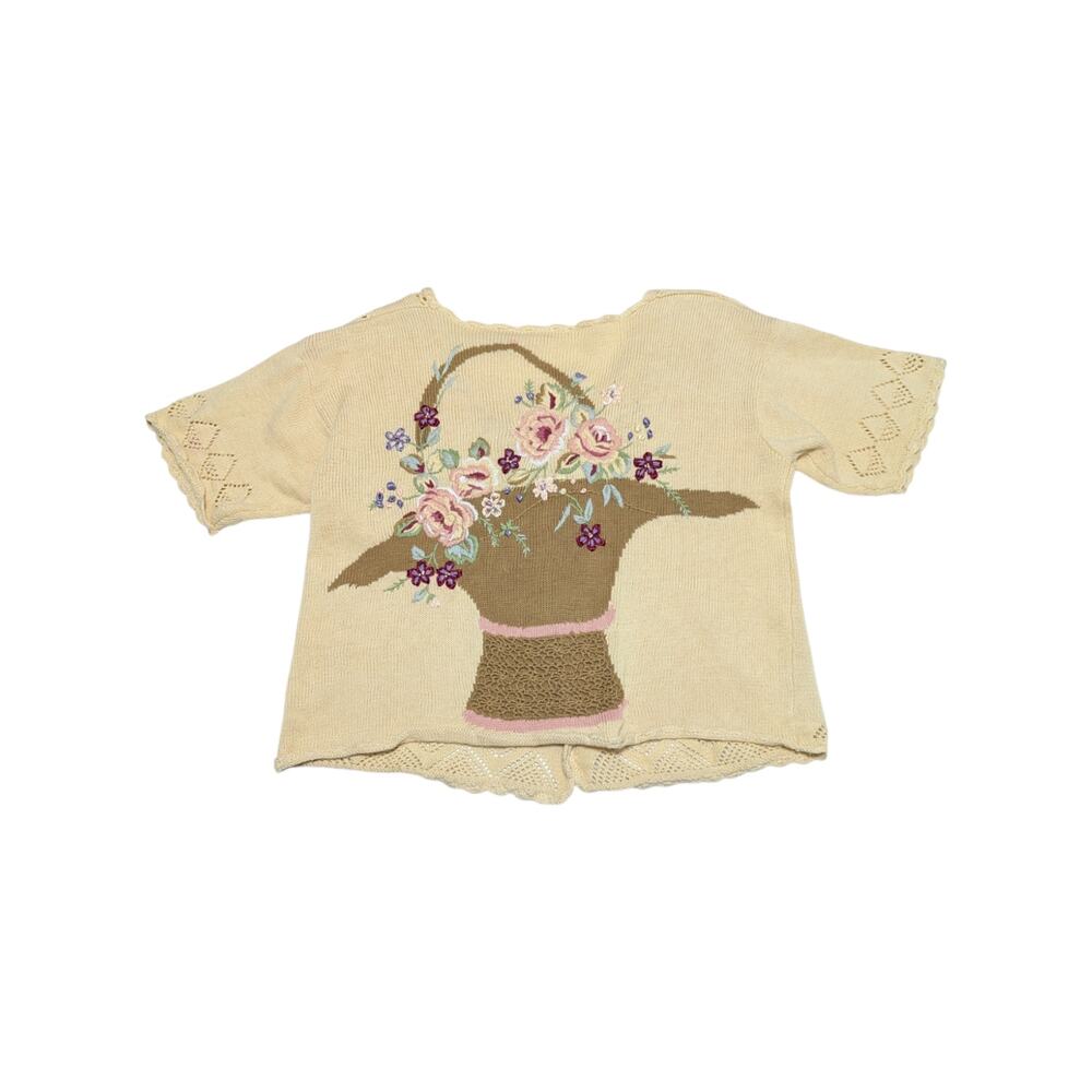 Vintage Floral Embroidered Cardigan Sweater Short Sleeve Button Down Grannycore